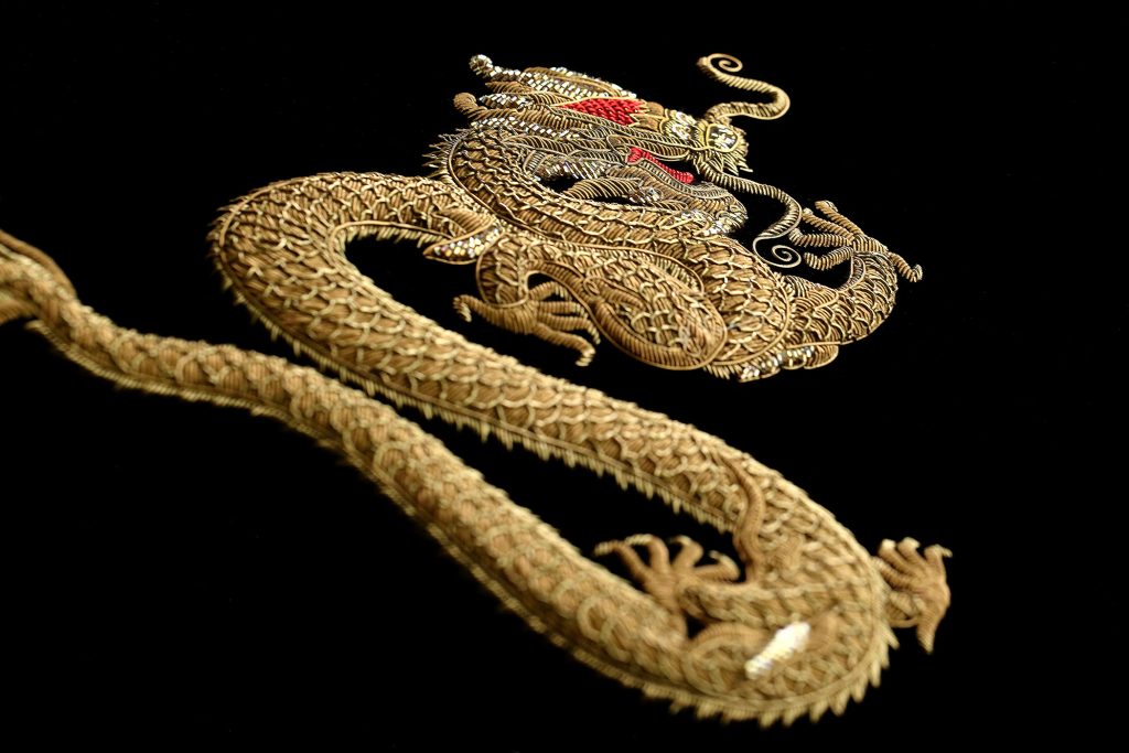 Hand beaded dragon by Ricamour for couture and pret a porter designs