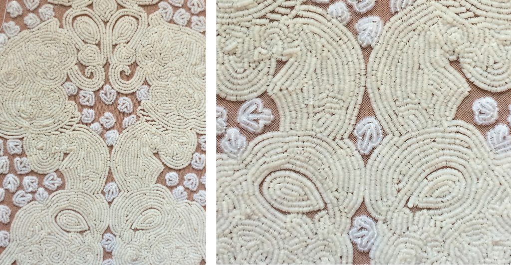 Couture embroidery with stacked sequins, hand embroidery with sequins, beaded designs