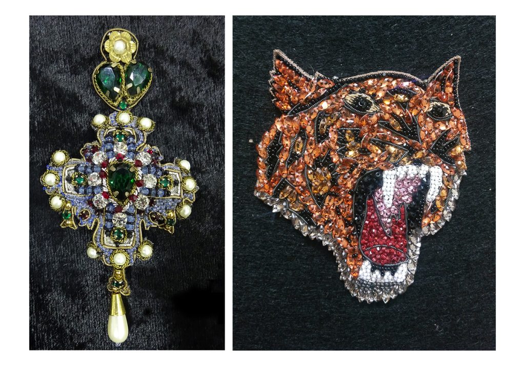 Encrusted patches by Ricamour Embroideries, embroidered brooches, couture embroidery, pret a porter, RTW embroidery.