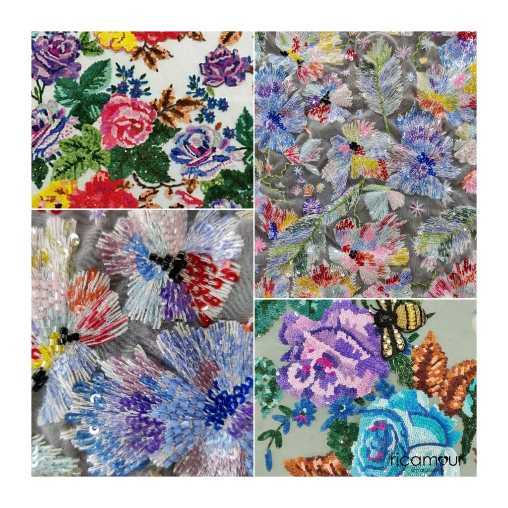 floral hand embroidery, hand beaded floral design by Ricamour Embroideries, Monet-inspired, couture inspiration, silk thread embroidery, painting like embroidery