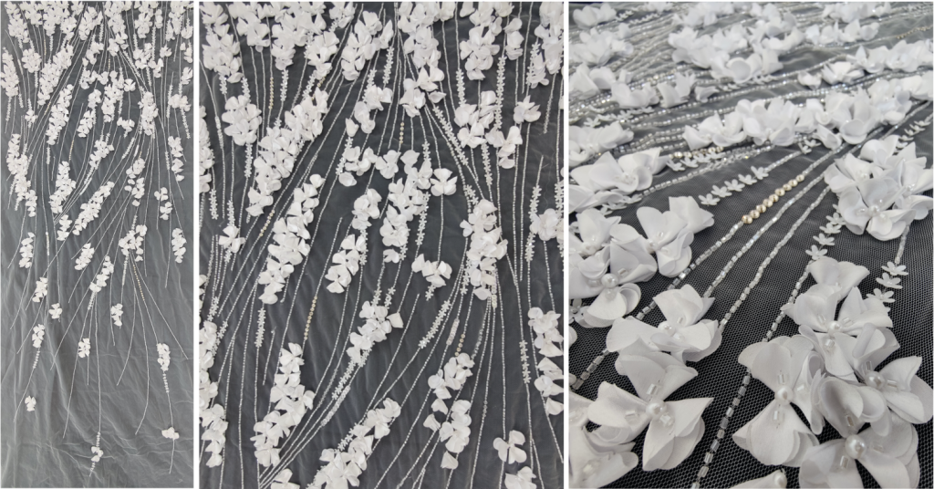 3D flowers hand embroidered on a bridal lace with sequins and stones.