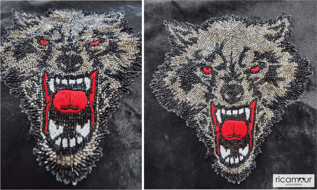 A wolf applique design hand beaded with and embroidered. 