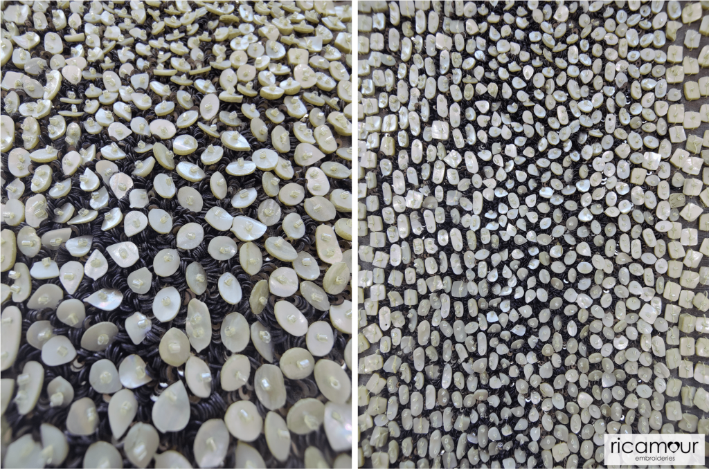 Snake-skin inspired beaded couture design with sequins and mother of pearl stones