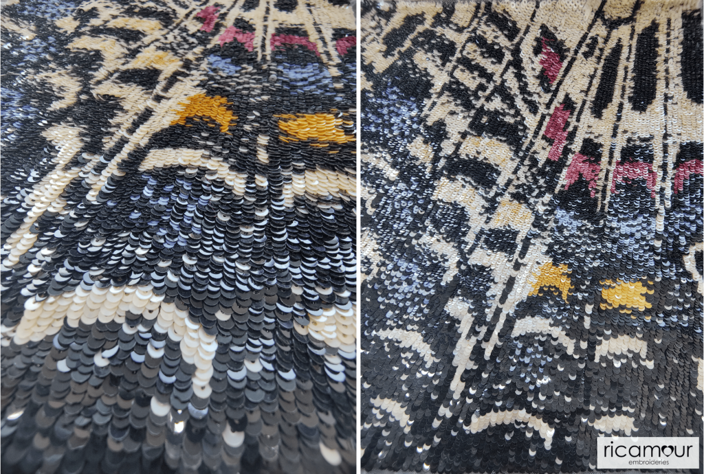 A butterfly wing inspired hand-embroidered couture design with sequins