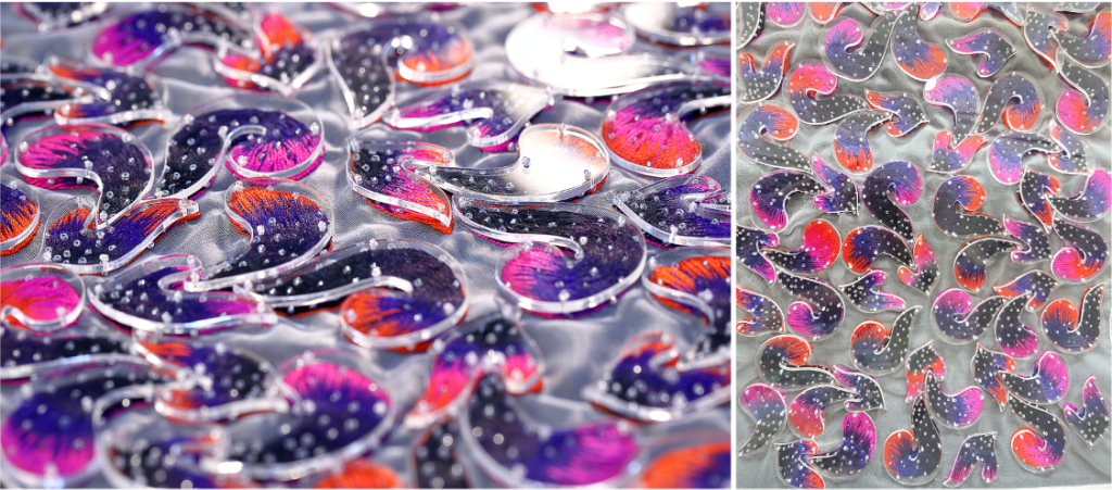 Hand embroidered design with plexiglass for Haute Couture