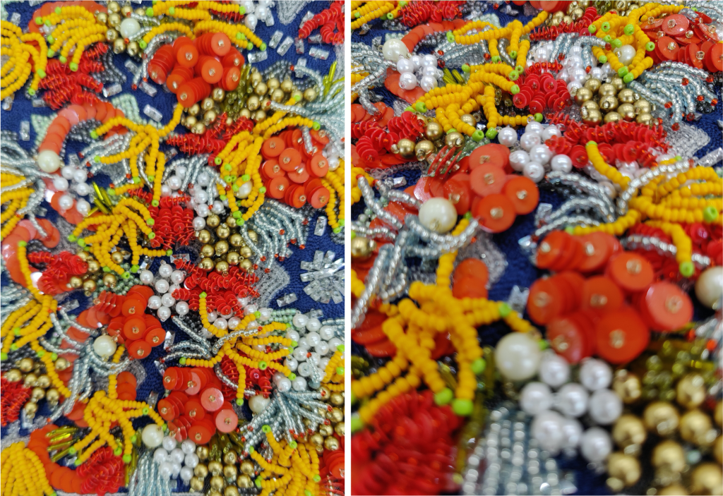 Heavily embellished hand beaded design inspired by corals