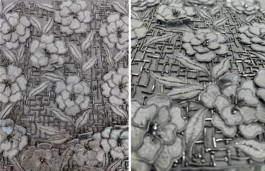 Couture embroidery with 3D leather flowers, beads and bugles