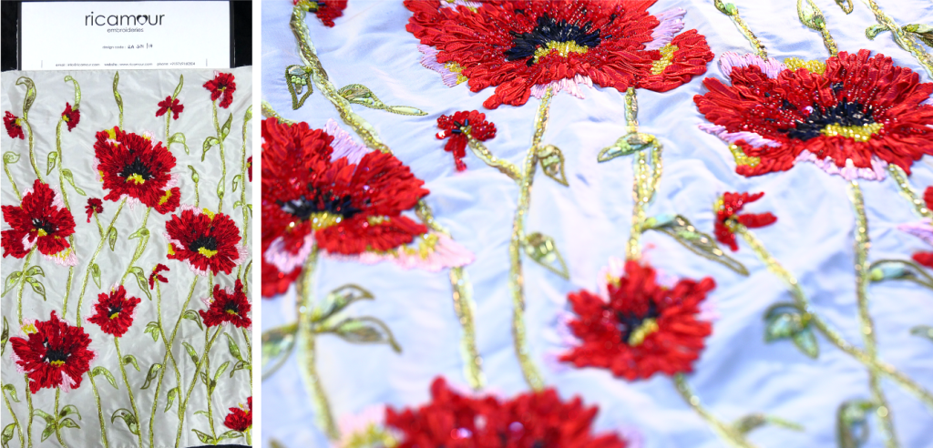 Hand embroidered flowers made with raffia beads for a couture gown