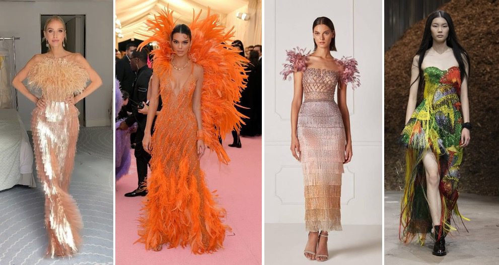 Feathers, tinsels, sequin fringes for couture gowns