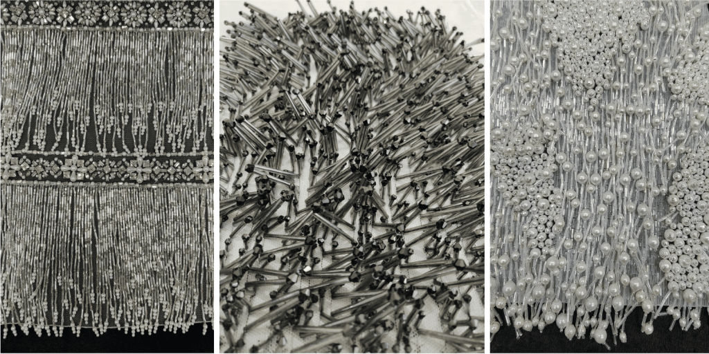 Hand beaded tassels for bridal and couture gowns made with beads, bugles, pearls and crystals