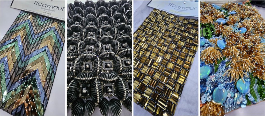 Hand-embroidered designs by Ricamour Embroideries for fashion designers